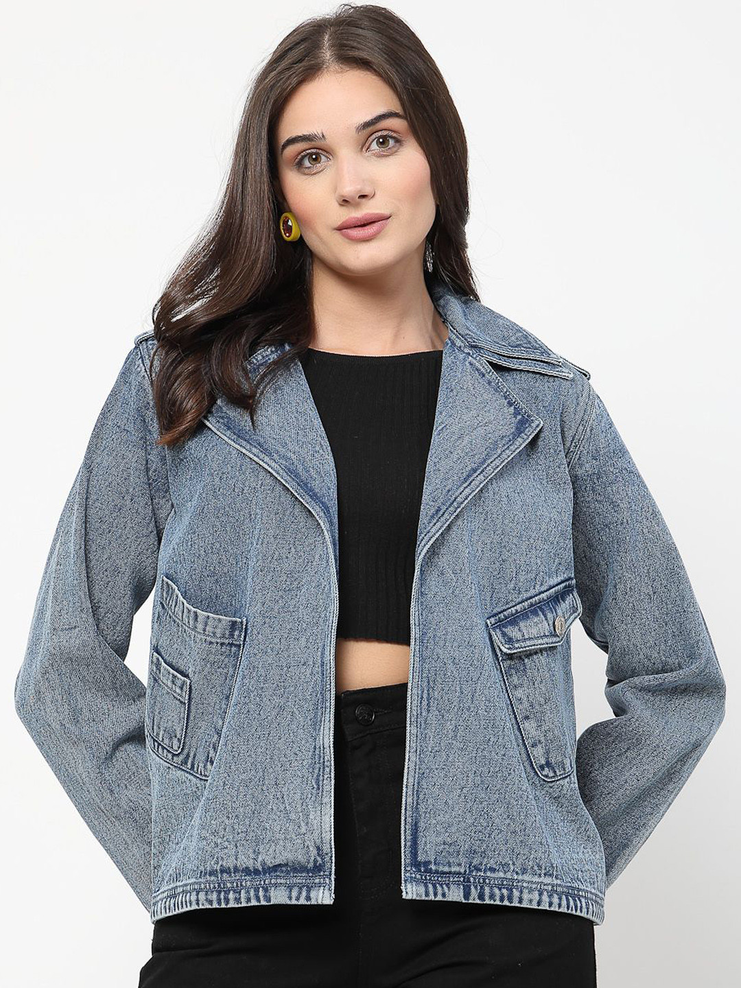 COSMIC TRIO Women Double Collar Washed Self Design Cotton Casual Denim Jacket