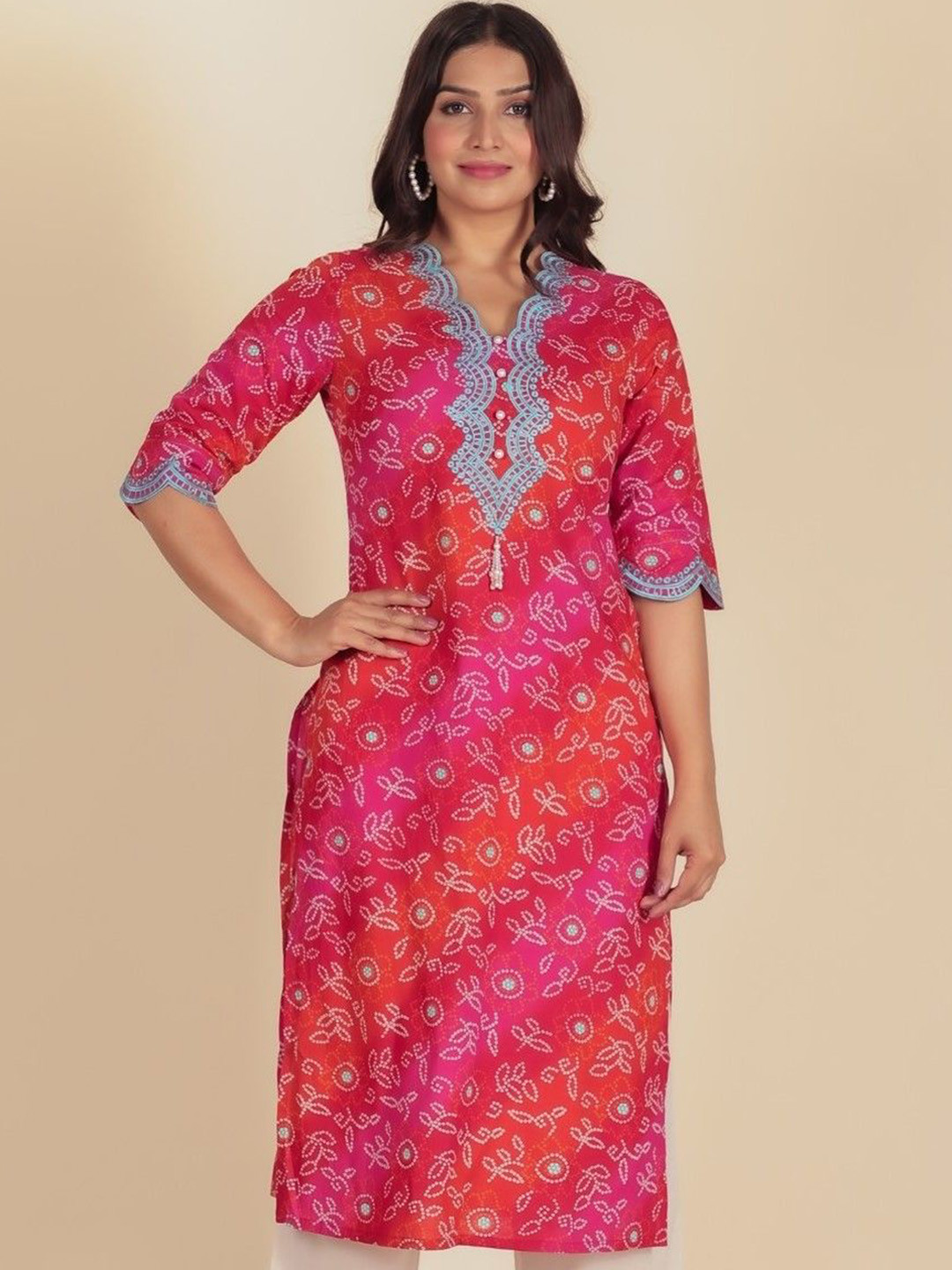 Aramya Bandhani Printed Thread Work V-Neck Soft Cotton Straight Kurta