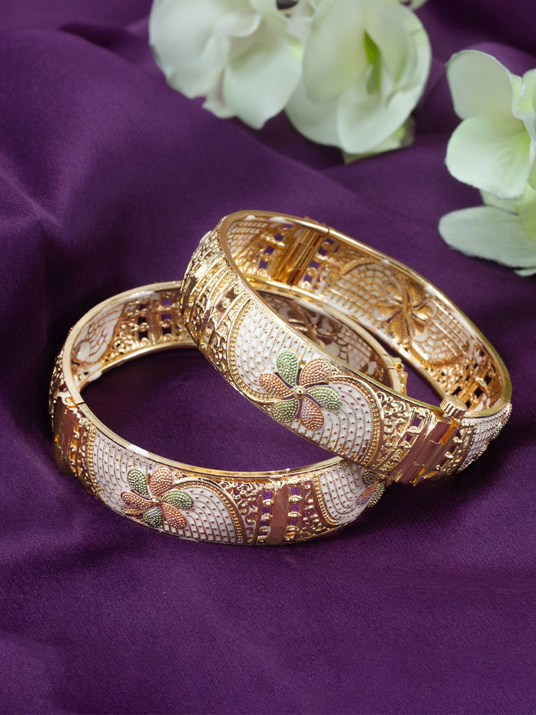 PRIVIU Set Of 2 Gold-Plated Chunky Floral Meenakari Bangles