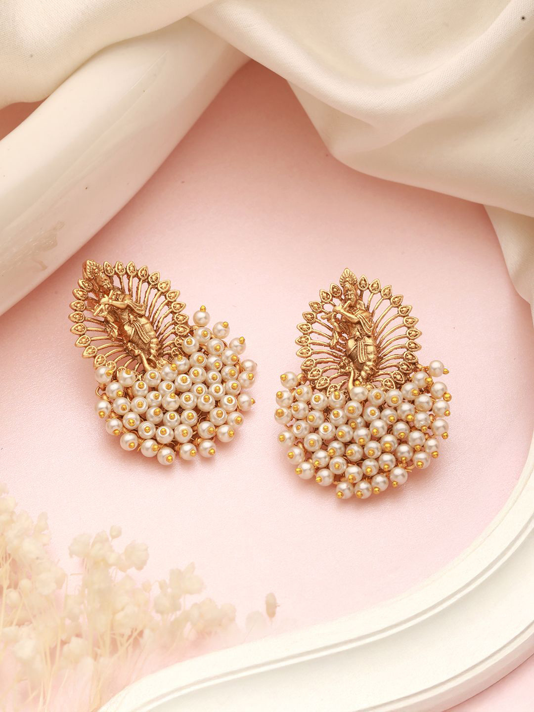 Saraf RS Jewellery Gold-Plated Pearls Beaded Shri Krishna Design Drop Earrings