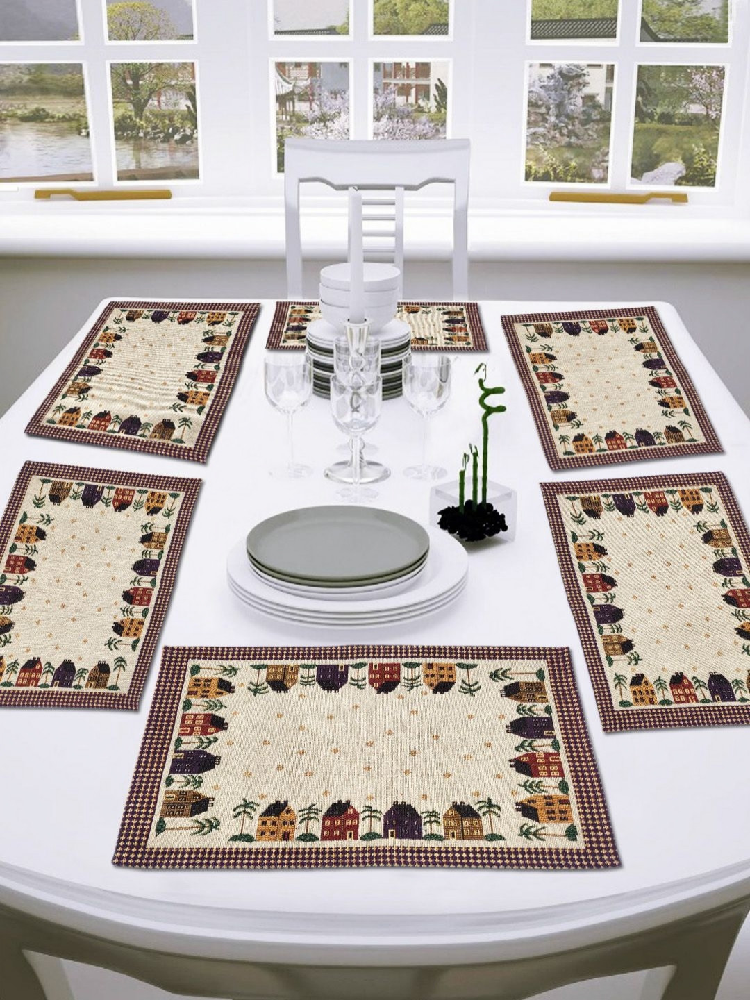 ANA 6-Pcs Beige & Violet Printed Rectangular Table Placemats