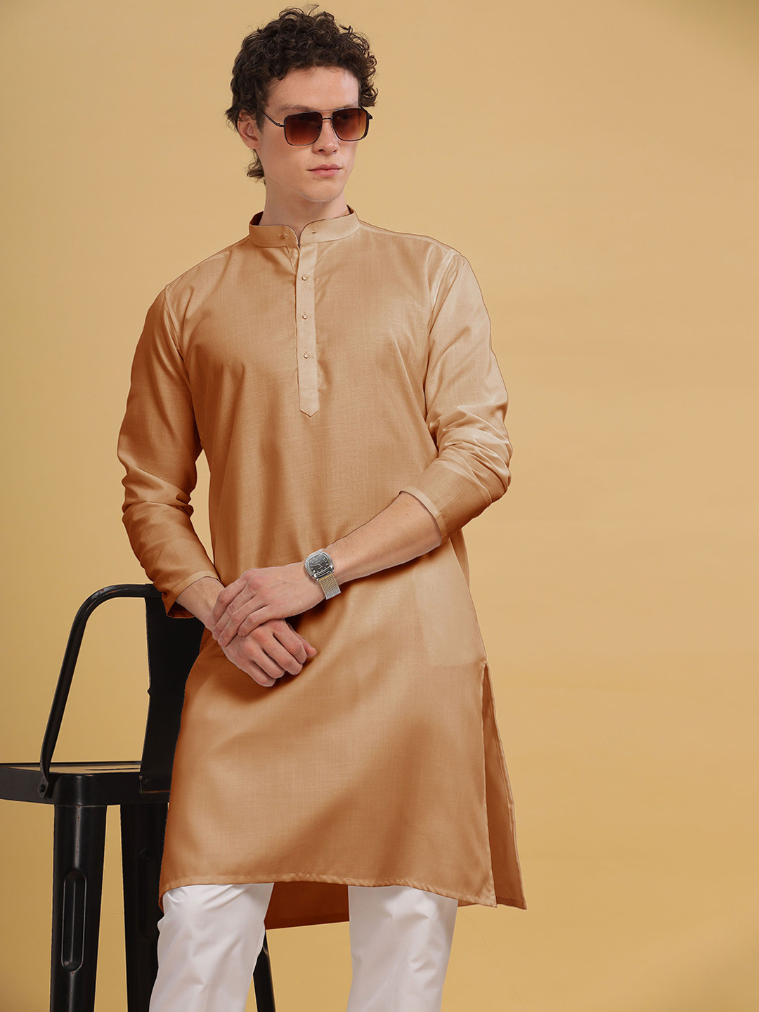 Anouk Beige Band Collar Cotton Straight Kurta
