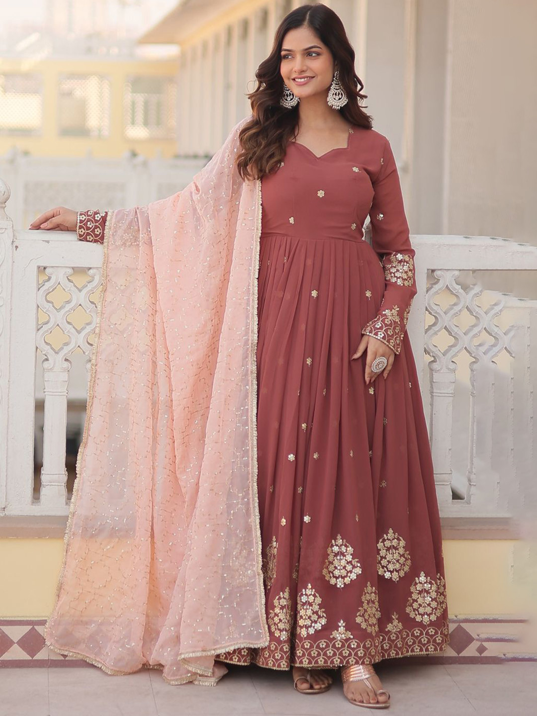 YOYO Fashion Floral Embroidered Long Sleeves Georgette Fit and Flare Ethnic Dresses