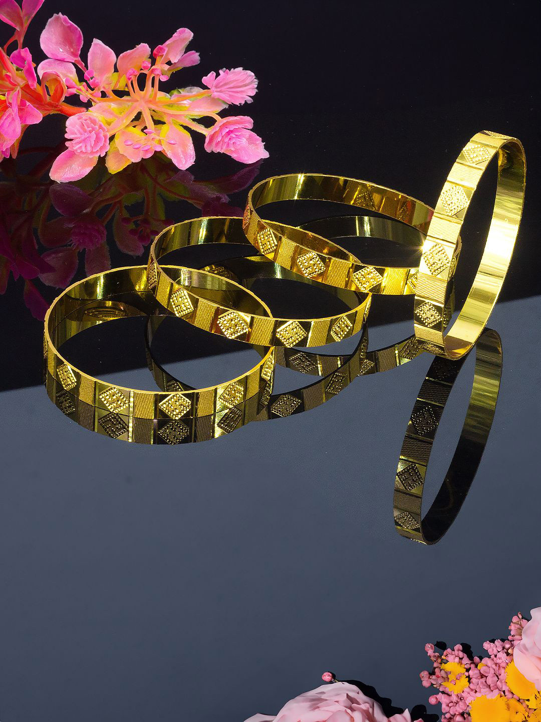 PRIVIU Set Of 4 Gold-Plated Swastic Design Bangles