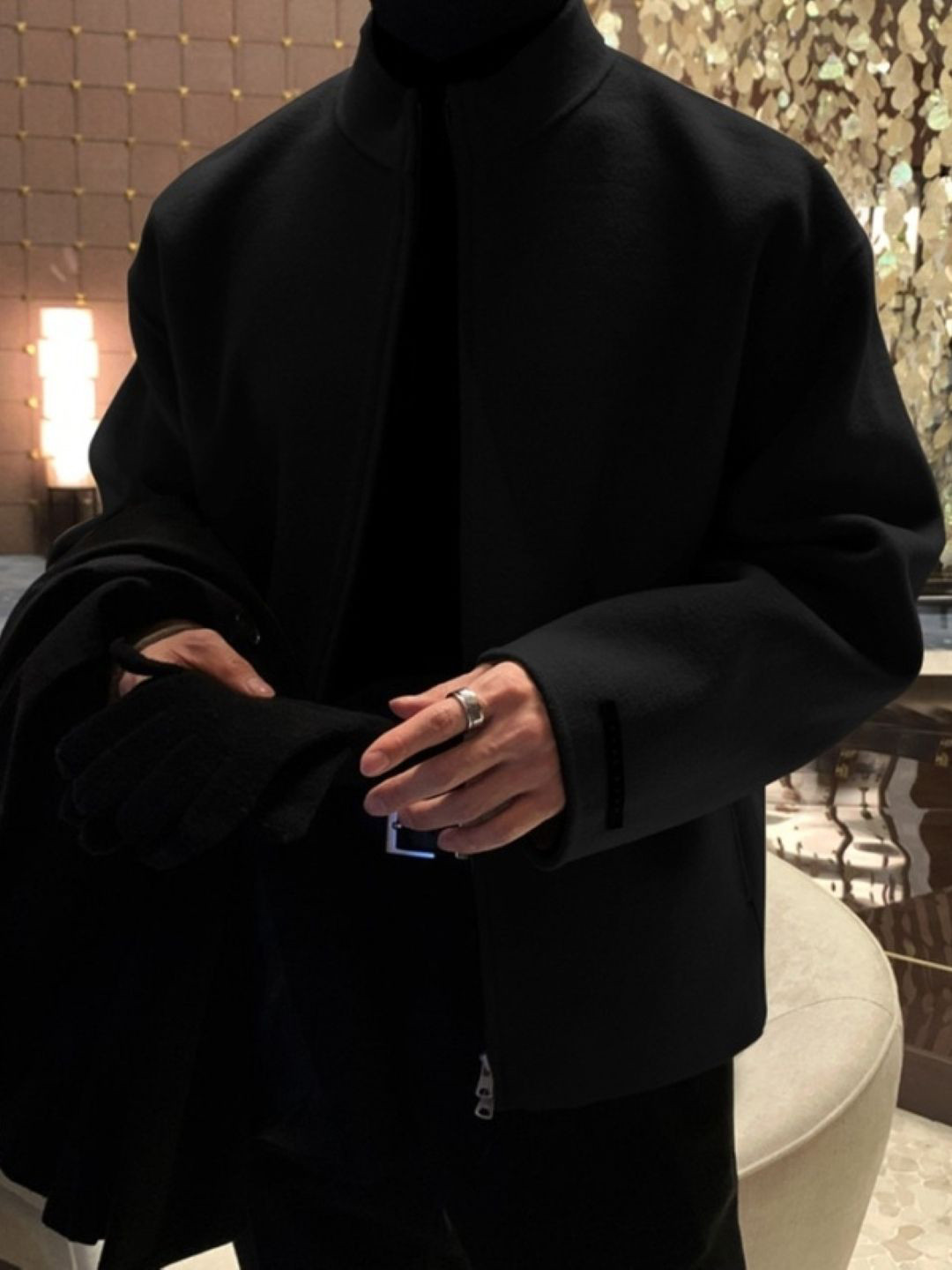 HERE&NOW Men Stand Collar Solid Casual Tailored Coats