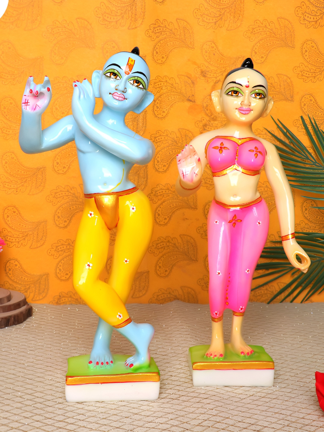 GW CREATIONS Radha Krishna Blue Marble Glossy Prayer Room Set of 2 Large Showpieces - 2.8 Inches