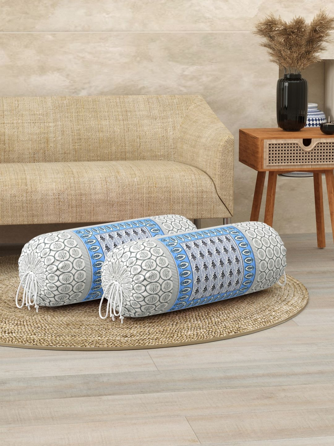 BLOCKS OF INDIA Blue & White 2 Pieces Ethnic Printed Cotton Cylindrical Bolster Covers