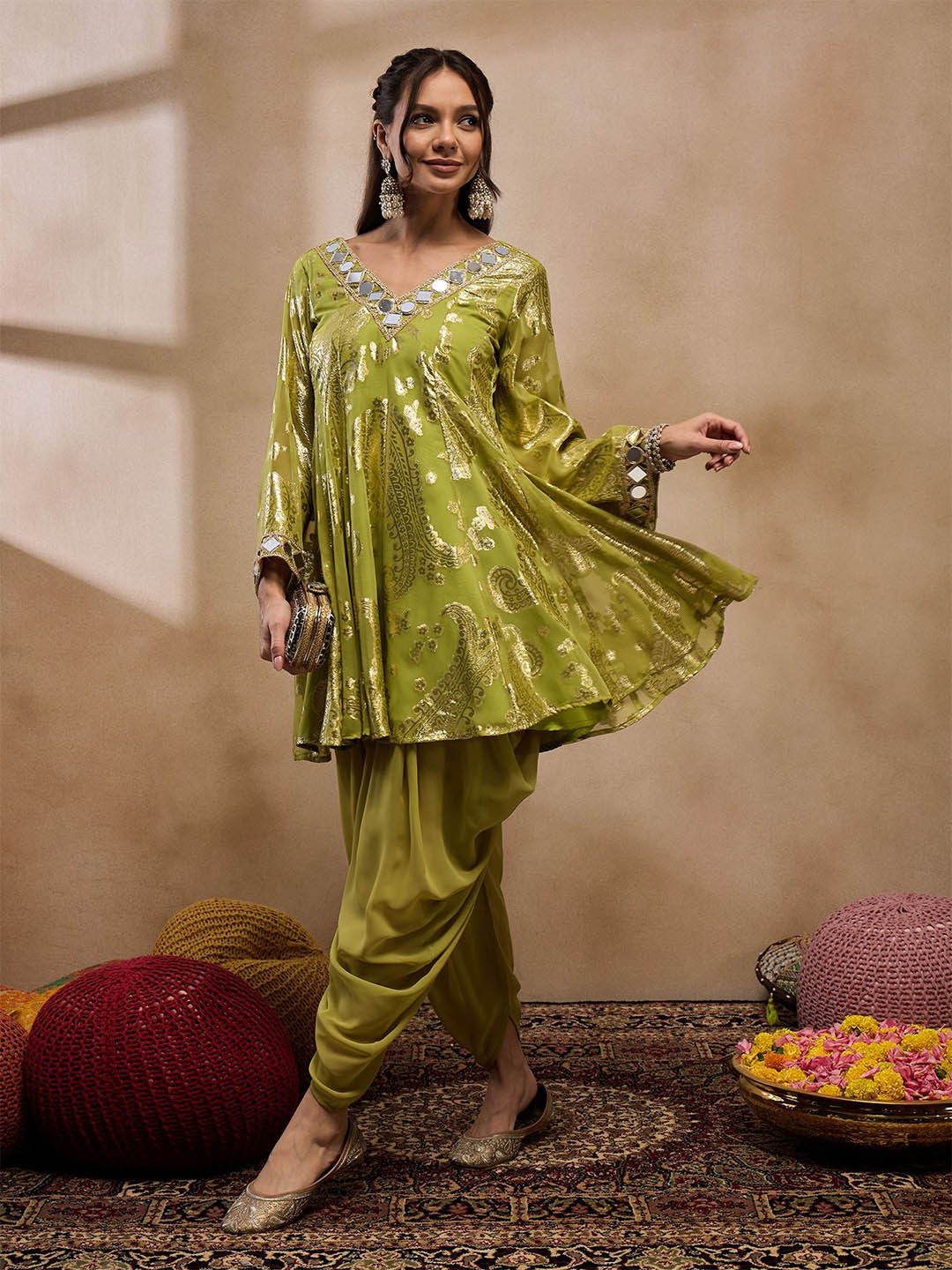 MABISH by Sonal Jain V-Neck Floral Woven Design A-Line Fusion Kurta with Dhoti Pant