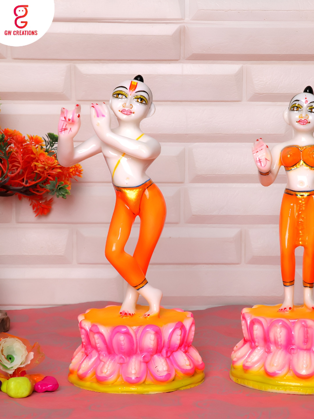 GW CREATIONS Radha Krishna Orange Marble Glossy Prayer Room Set of 2 Large Showpieces - 4.3 Inches