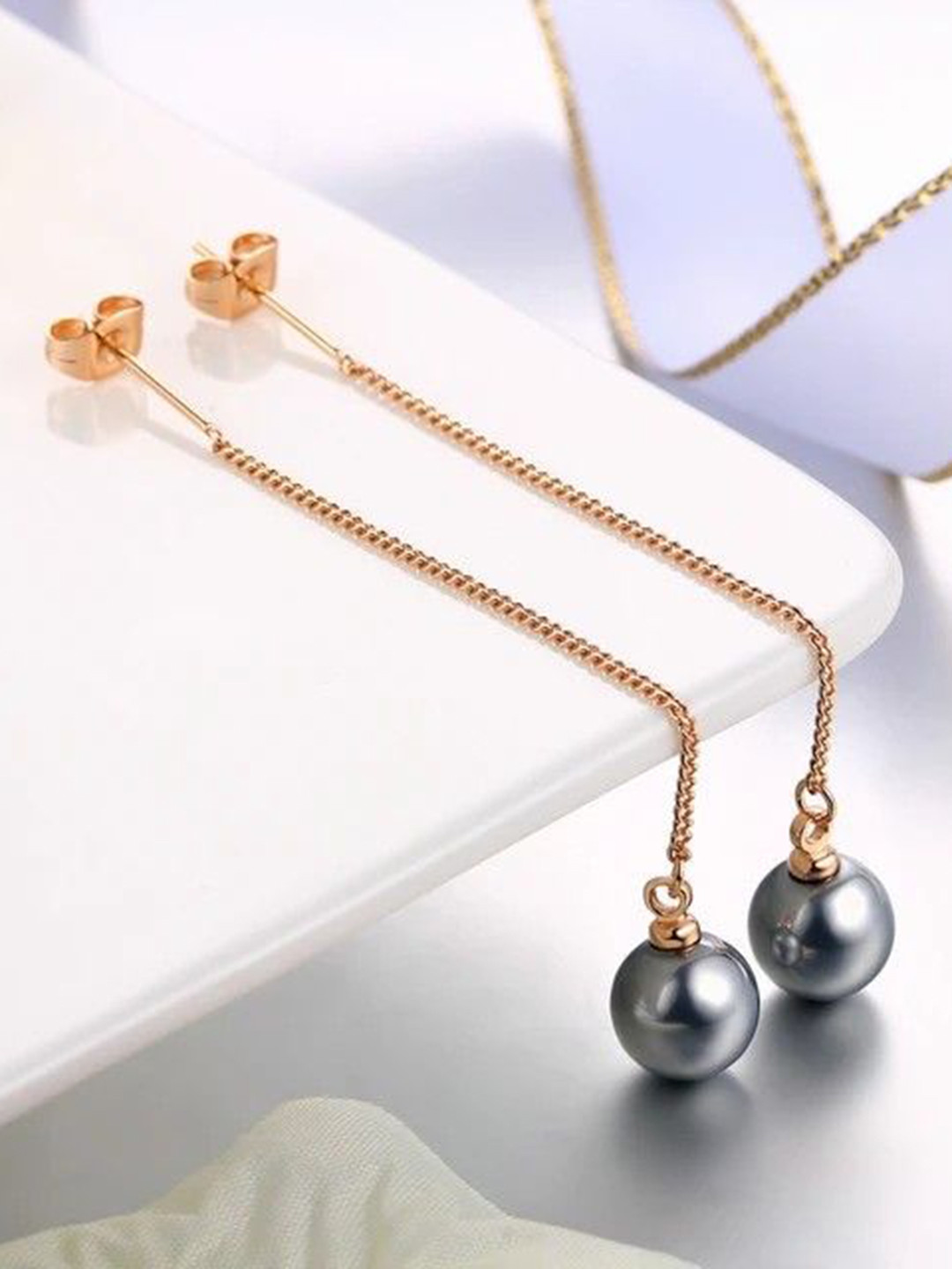 Nilu's Collection Silver-Plated Light Weight Pearl Tassel Long Drop Earrings