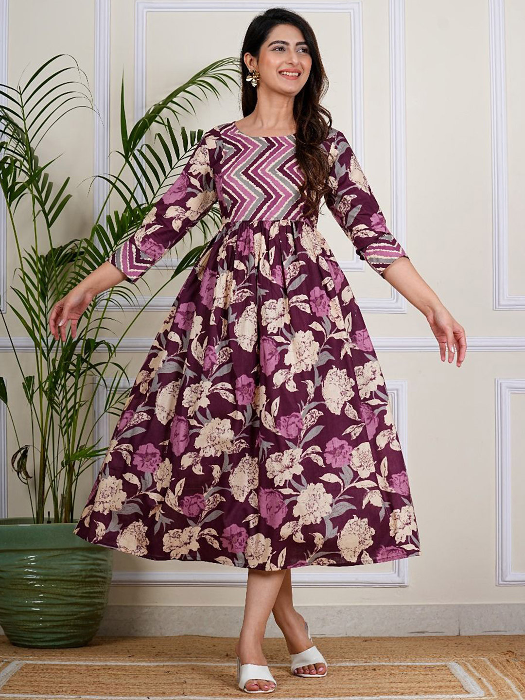 Twirl Tales Women Cotton Floral Printed Fit & Flare Midi Dress