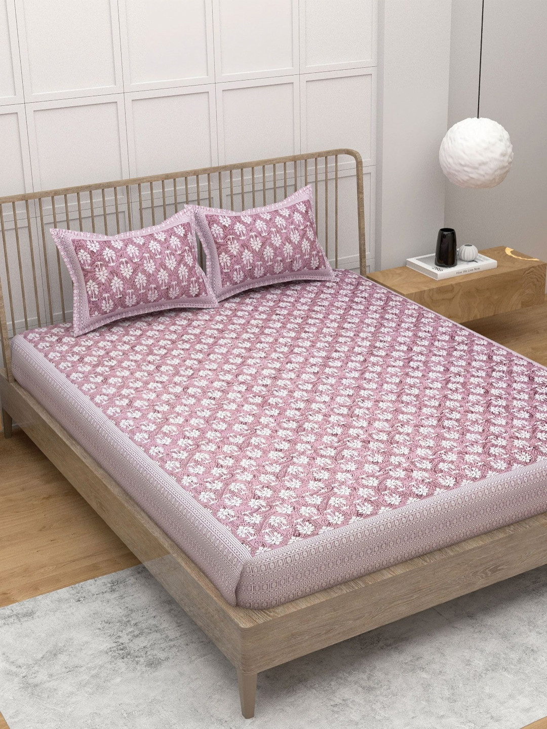 Adwitiya Pink Floral Cotton 220 TC King Fine Bedsheet with 2 Pillow Covers-241 x 274 cm