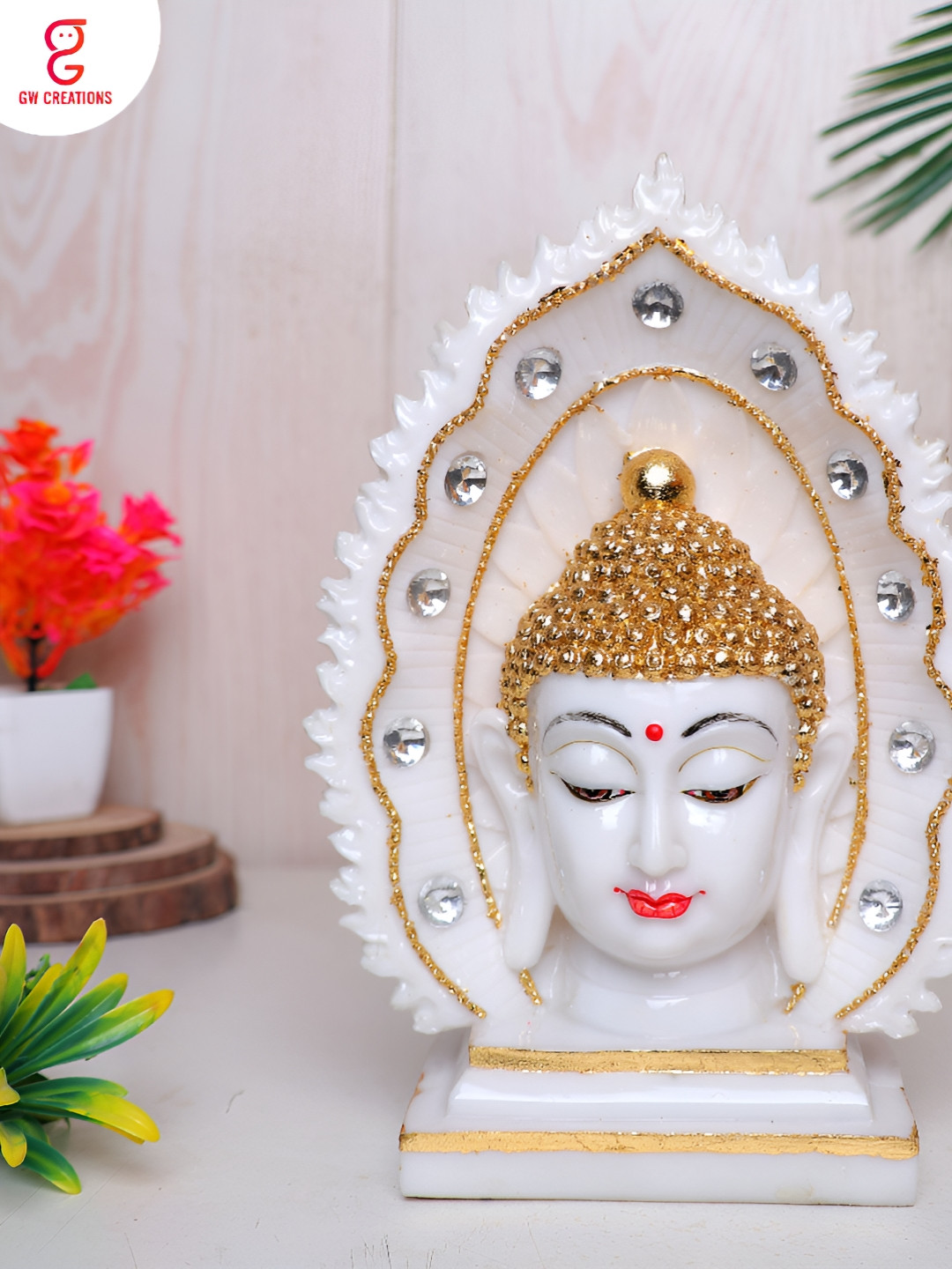 GW CREATIONS Lord Gautam Buddha Head Face White Marble Natural Prayer Room Large Showpiece - 3.5 Inches