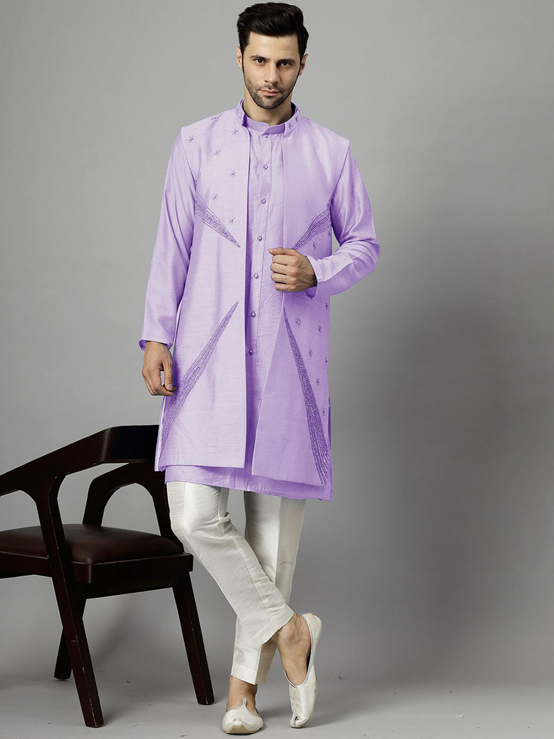 Utsav Fashion Floral Embroidered Dupion Silk Kurta With Trousers & Long Jacket
