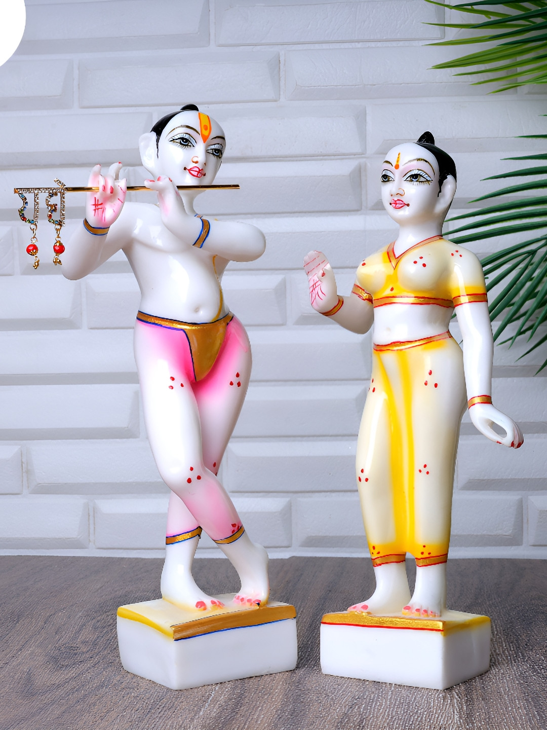 GW CREATIONS Radha Krishna Pink Marble Natural Prayer Room Set of 2 Large Showpieces - 12 Inches