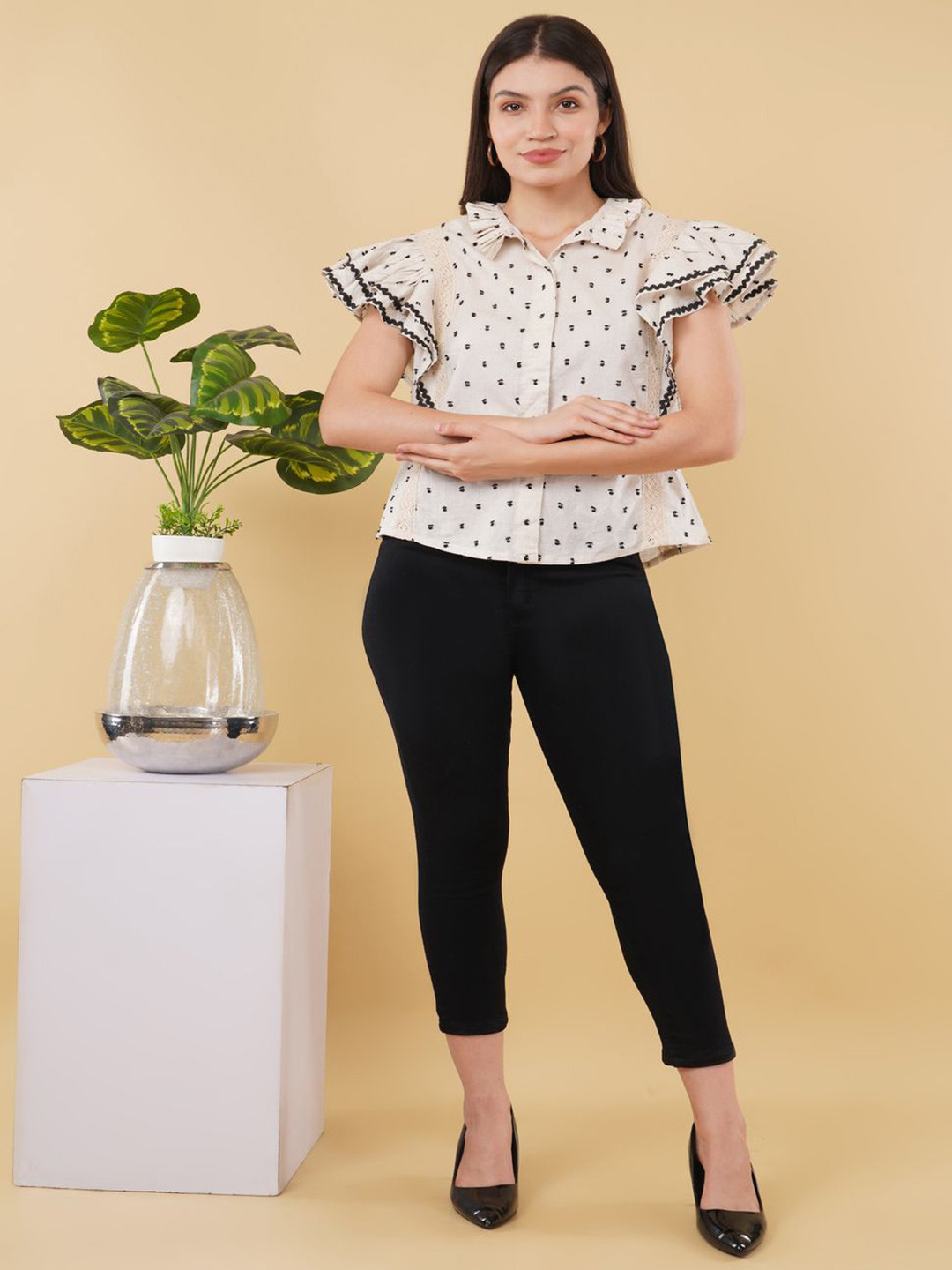 Oskos Women Self Design Cotton Lace Frills Ruffles Top