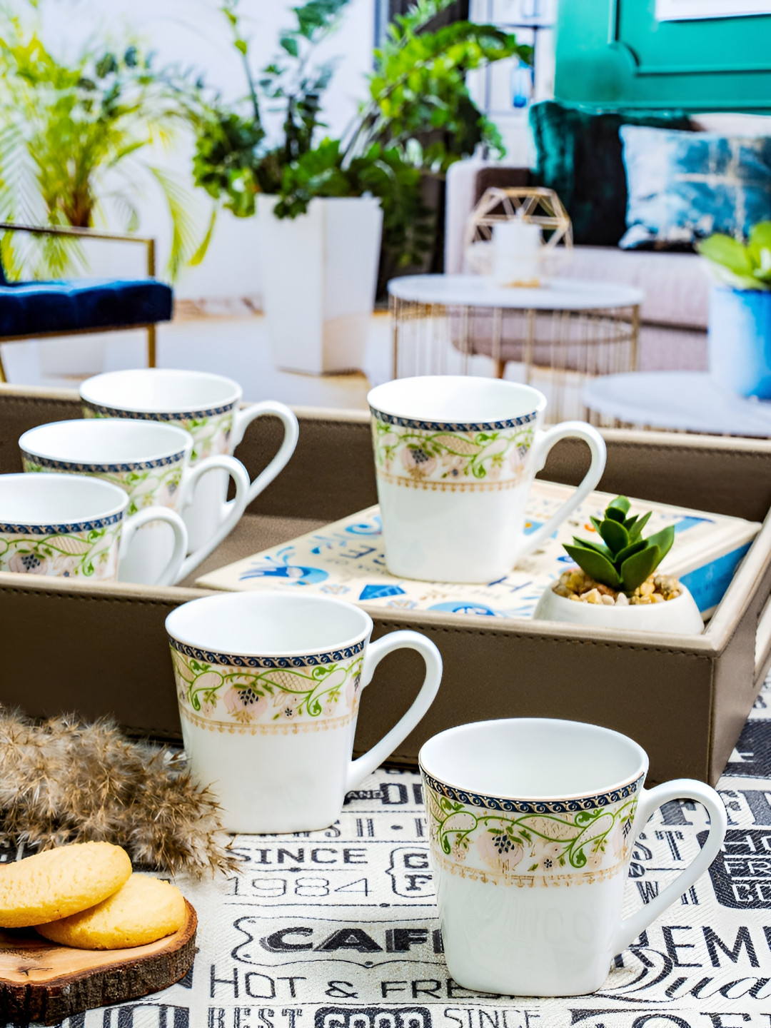 SONAKI White & Green 6 Pieces Floral Printed Mugs 110ml