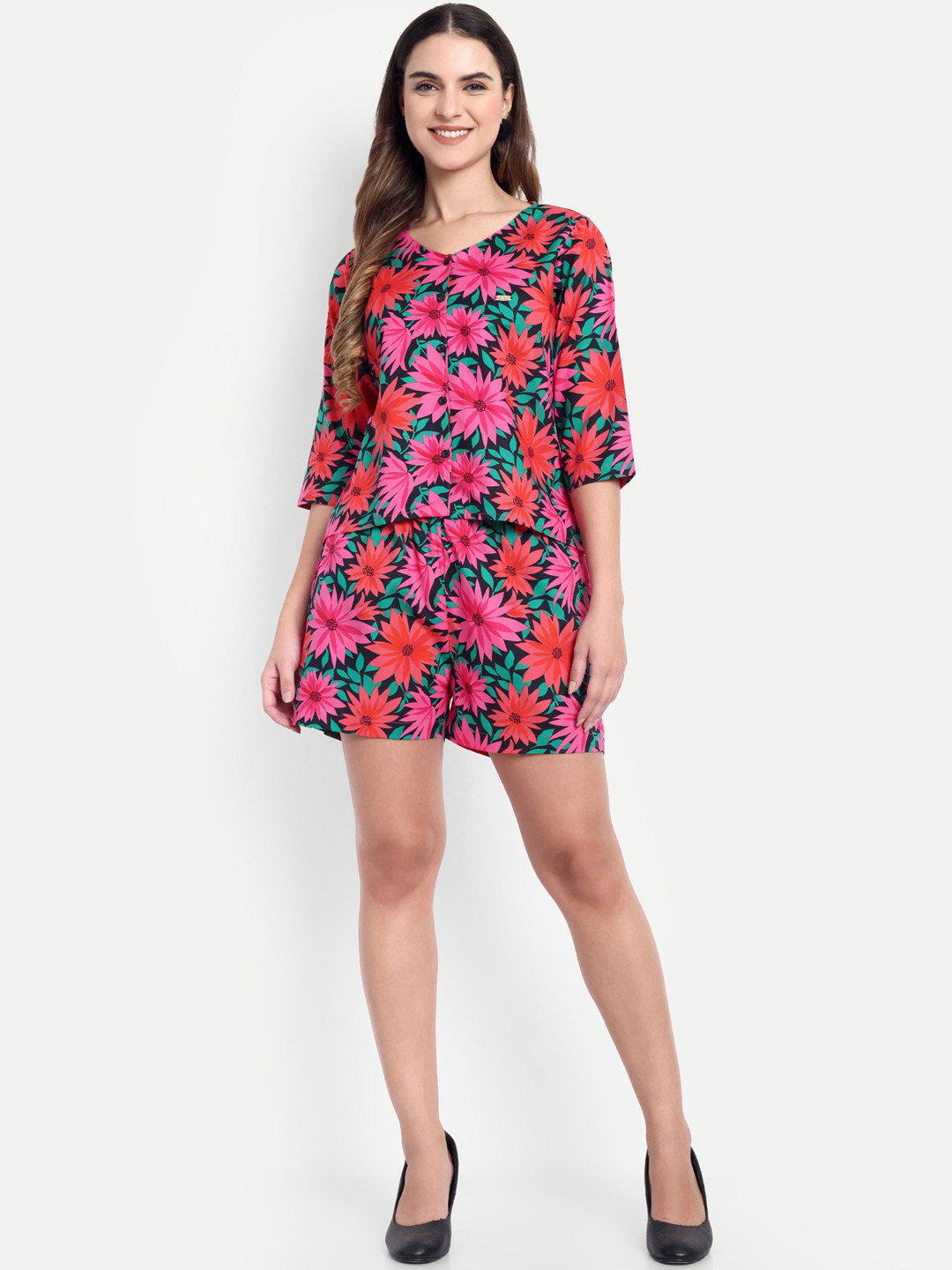 GAB V-Neck Printed Pure Cotton Shirt With Shorts