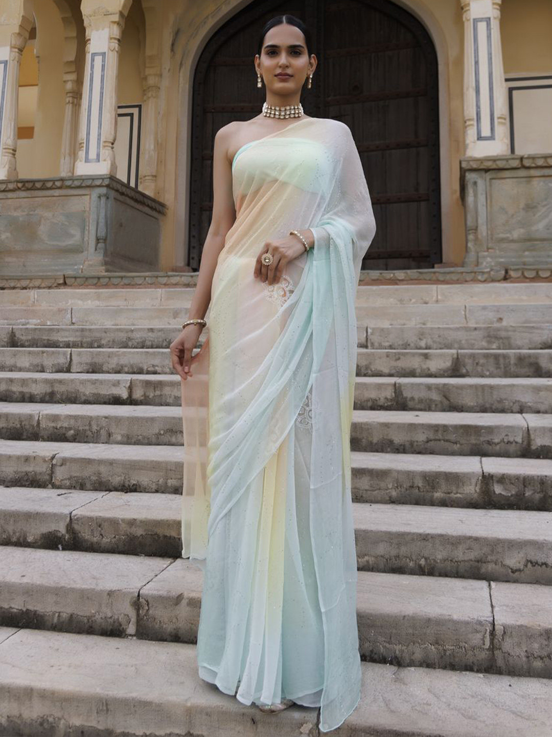 Geroo Luxe Tie and Dye Embroidered Mukaish Saree