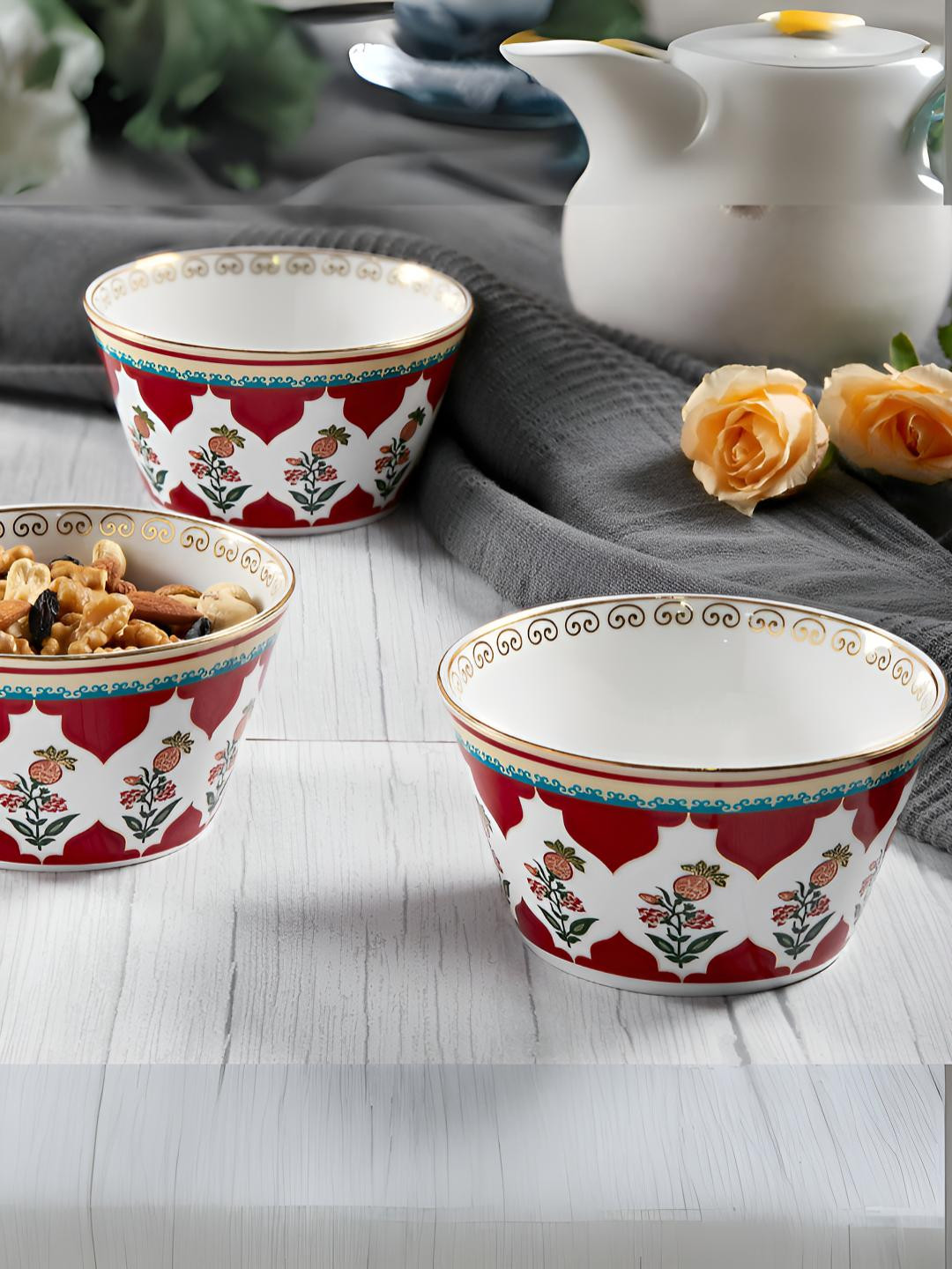 CLAY CRAFT  White 3 Pieces Ceramic Highlighted with 24k Gold Print Serving Bowl