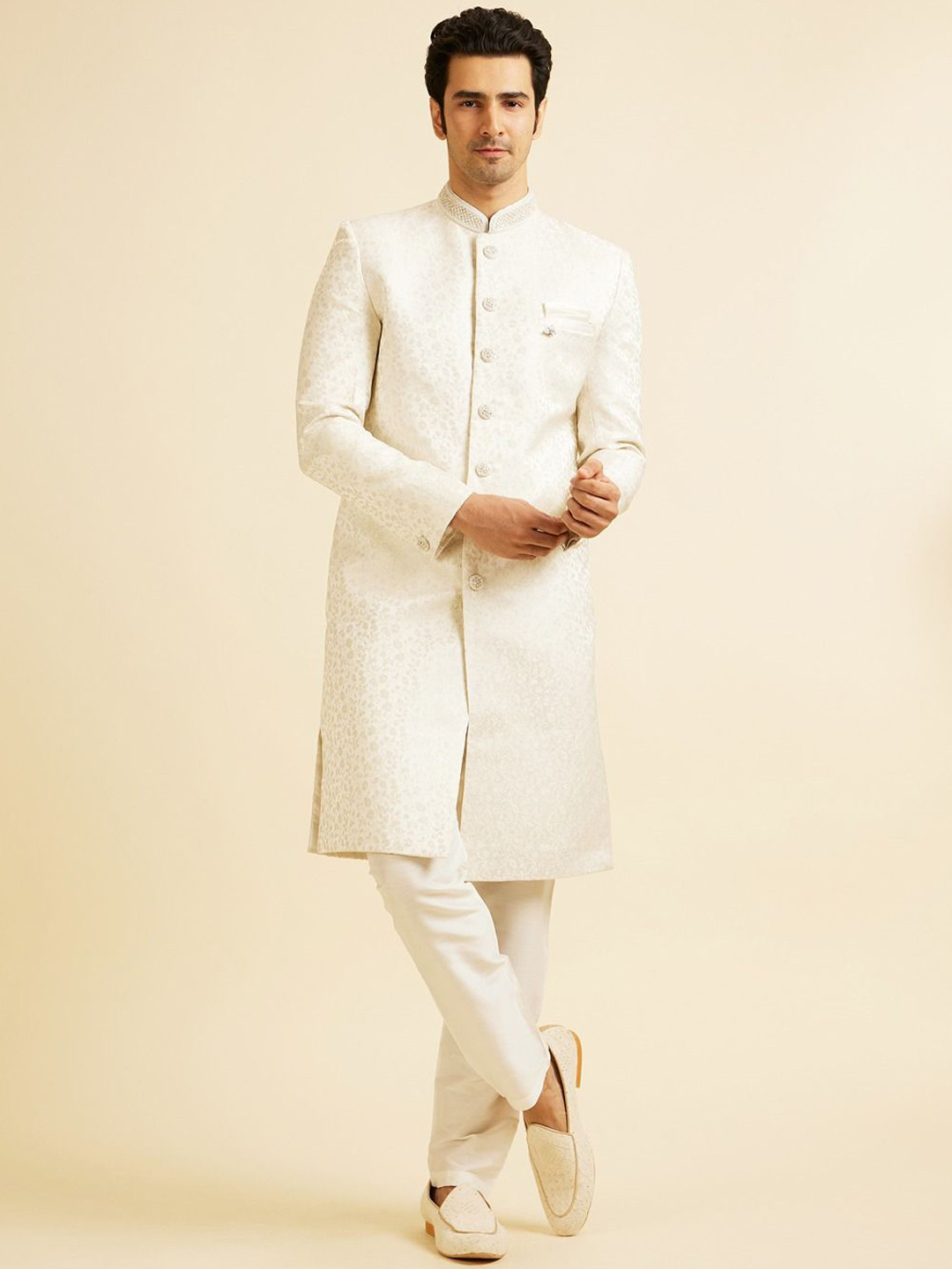Manyavar Men Hand Embroidered Stone work Mandarin Collar Sherwani Set