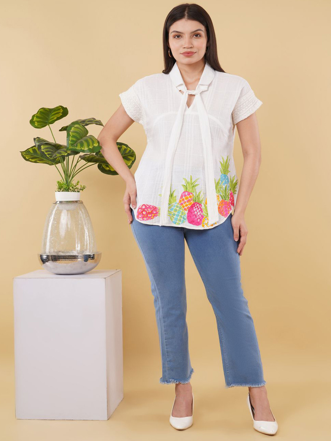 Oskos Embroidered Lace-Up Detail Cotton Top