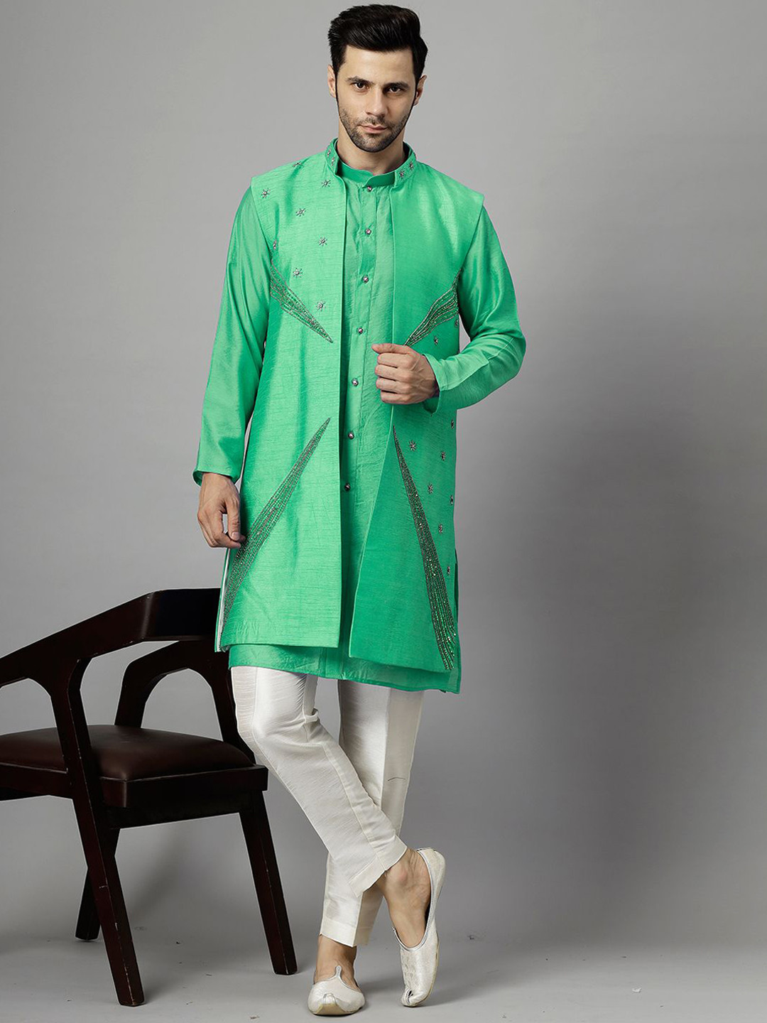 Utsav Fashion Floral Embroidered Dupion Silk Kurta With Trousers & Long Jacket