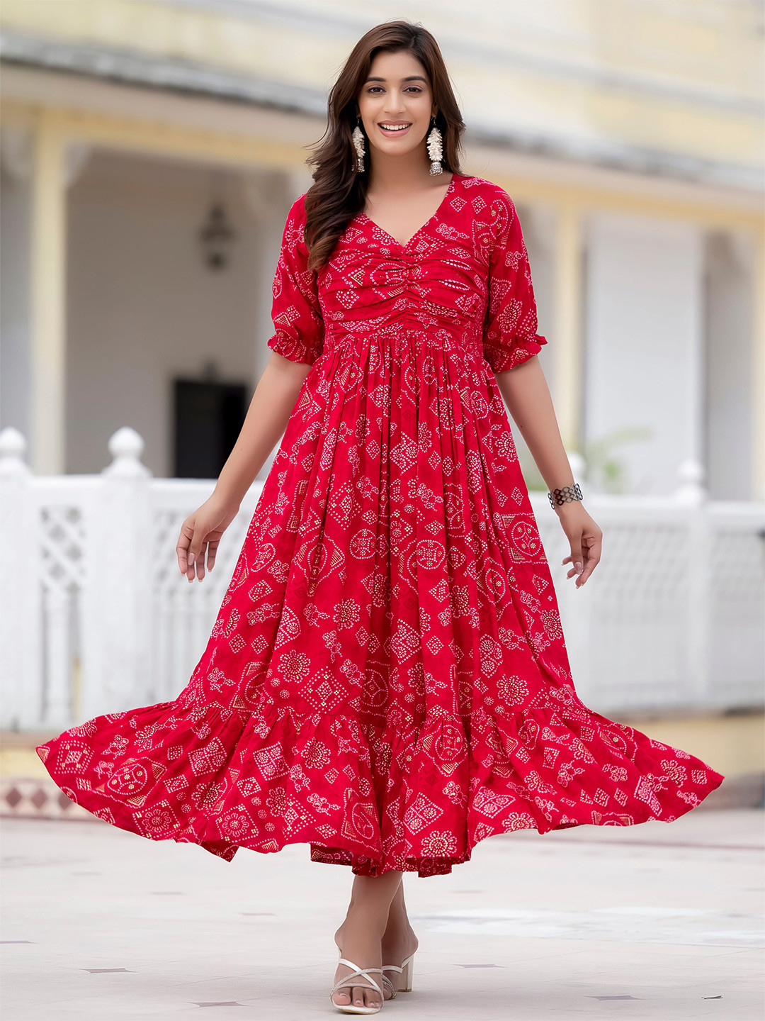 TextileNow Floral Printed Puff Sleeve Fit & Flare Midi Dress