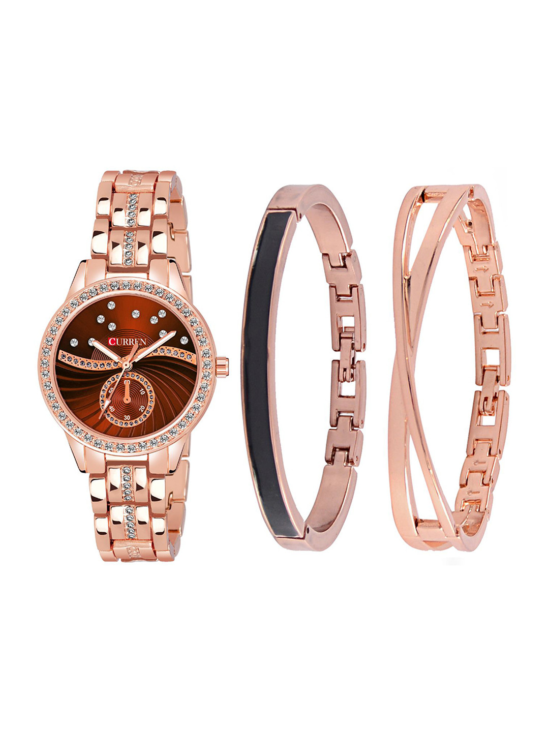 Curren Women Brass Embellished Dial Analogue Watch 1342-RSBR+JW-12&13-Rose Brown