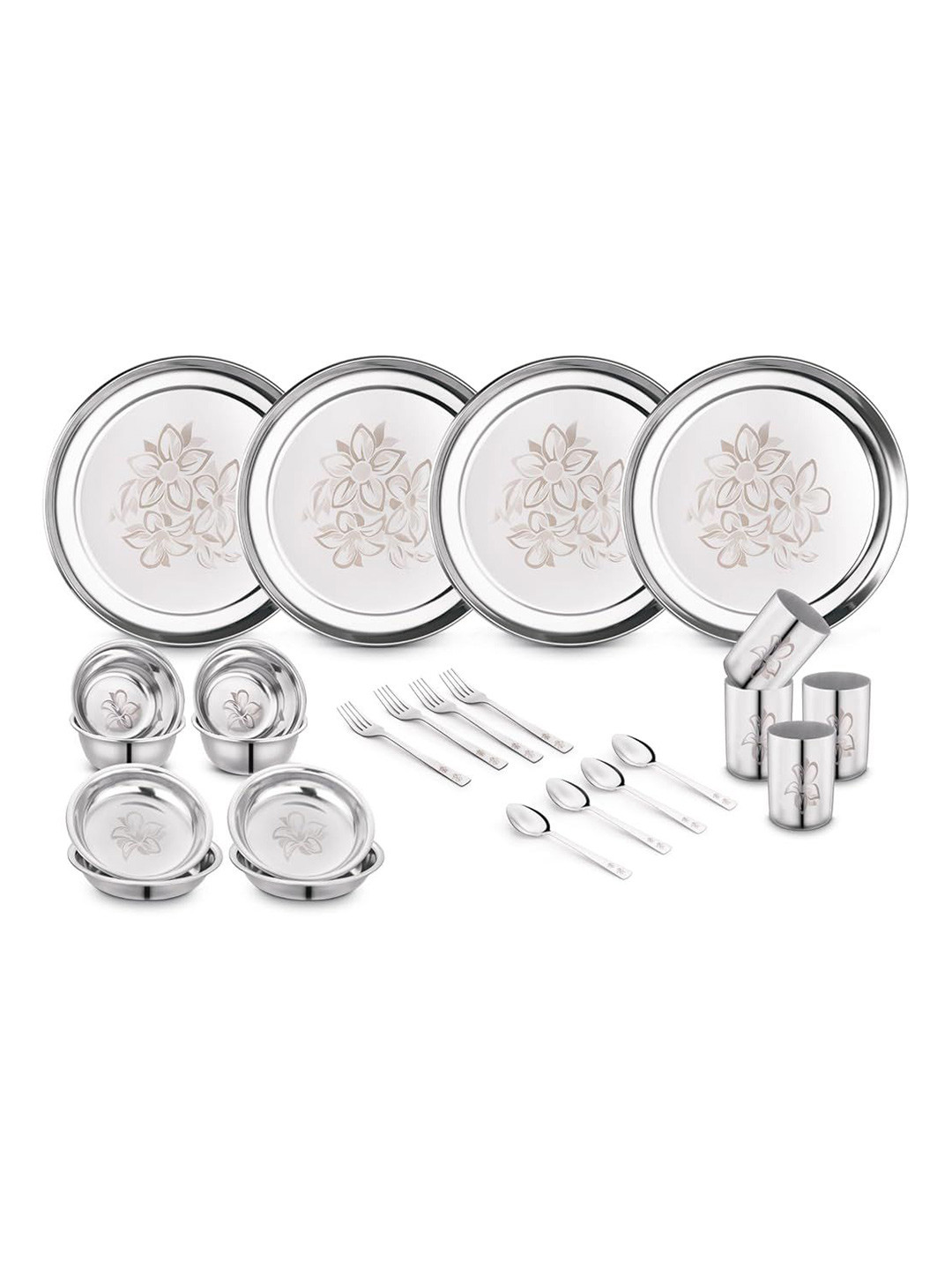 Classic Essentials Glory Permanent Laser Design Silver Floral Stainless Steel Dishwasher Safe 24 Piece Dinner Set