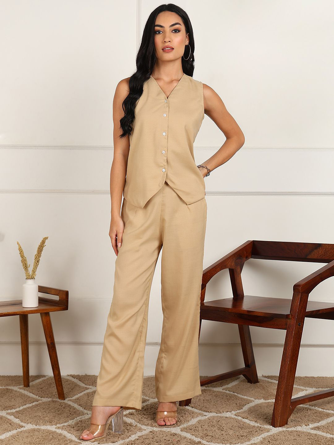 DressBerry Beige V-Neck Sleeveless Waistcoat With Trouser
