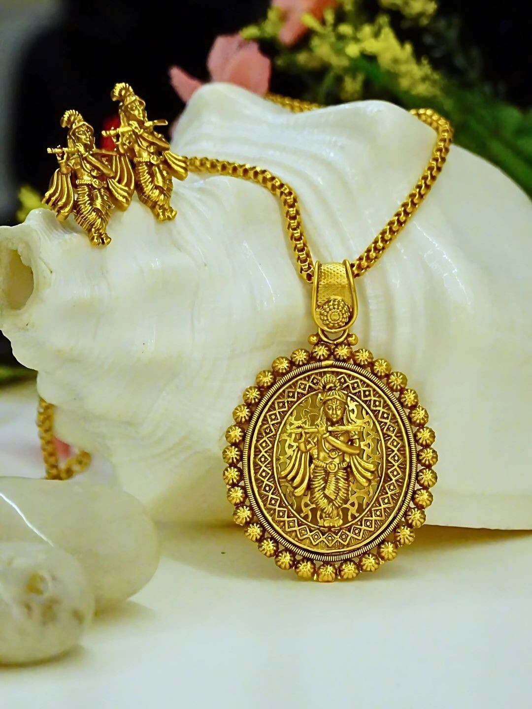 inc63-for elites Gold Plated Krishna Matte Finish Temple Jewellery Set