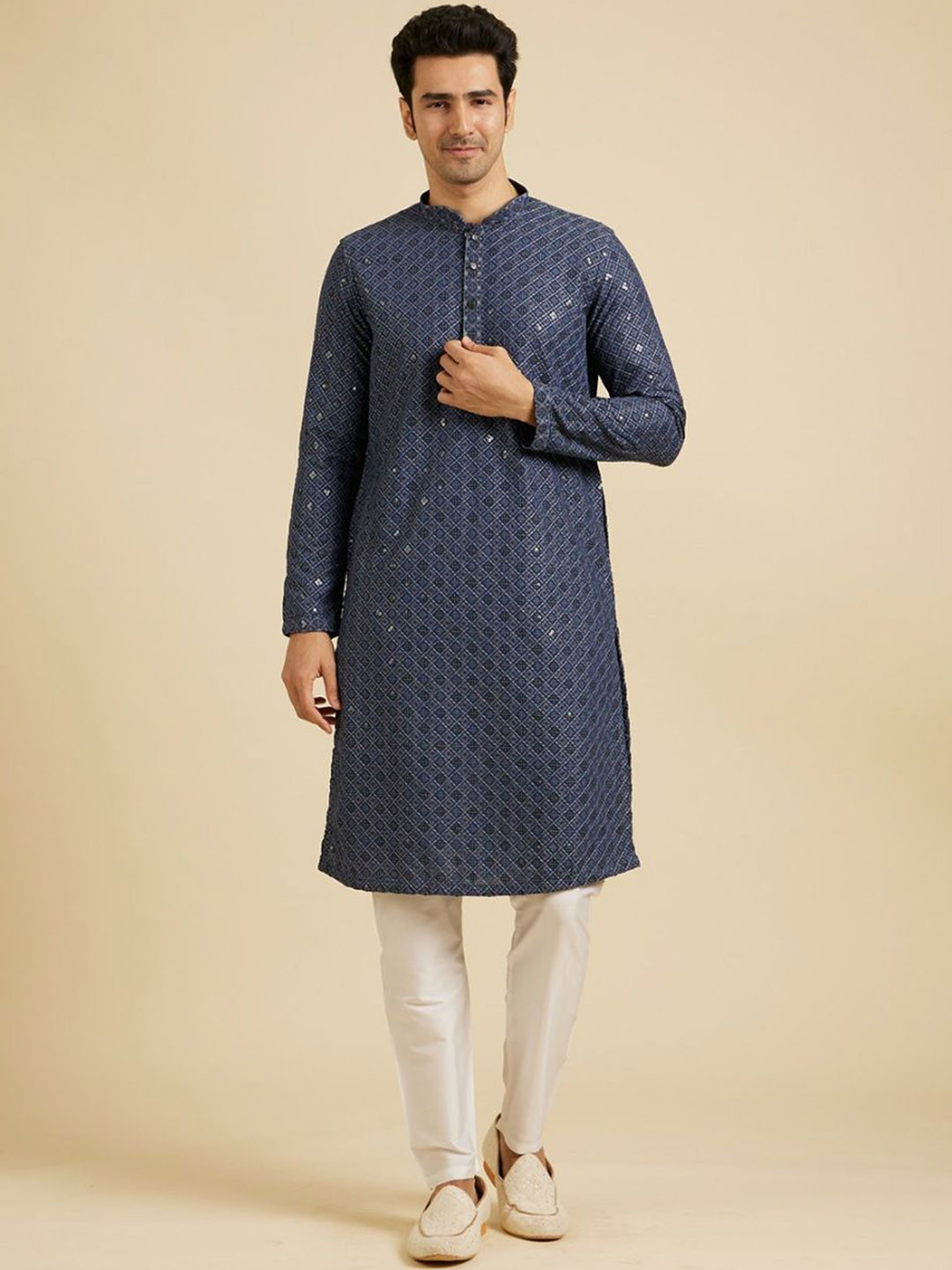 Manyavar Blue and white embroidered Kurta and Pyjama