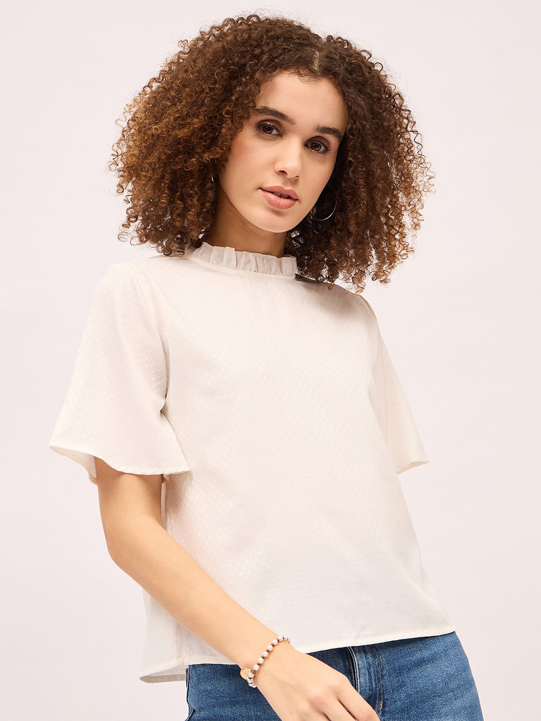 Mayra Women High Neck Polka Dots Regular Top