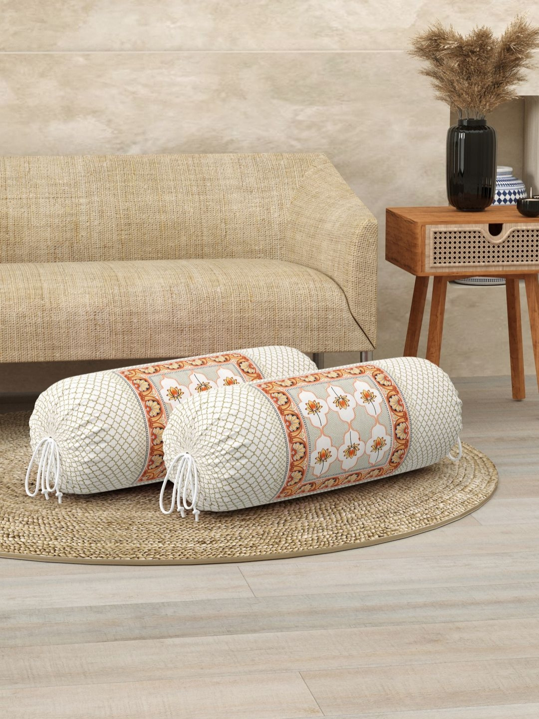 BLOCKS OF INDIA Peach-Colored & Grey 2 Pieces Ethnic Motifs Printed Cotton Bolster Covers