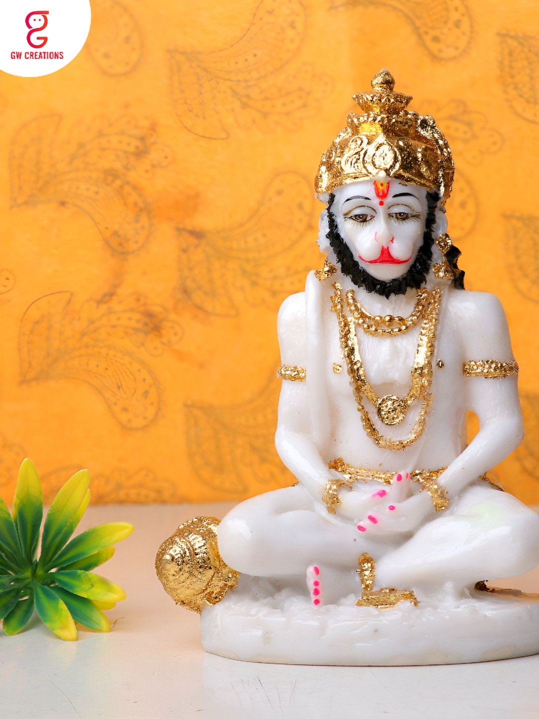 GW CREATIONS Lord Hanuman White Marble Glossy Prayer Room Large Showpiece - 2.8 Inches