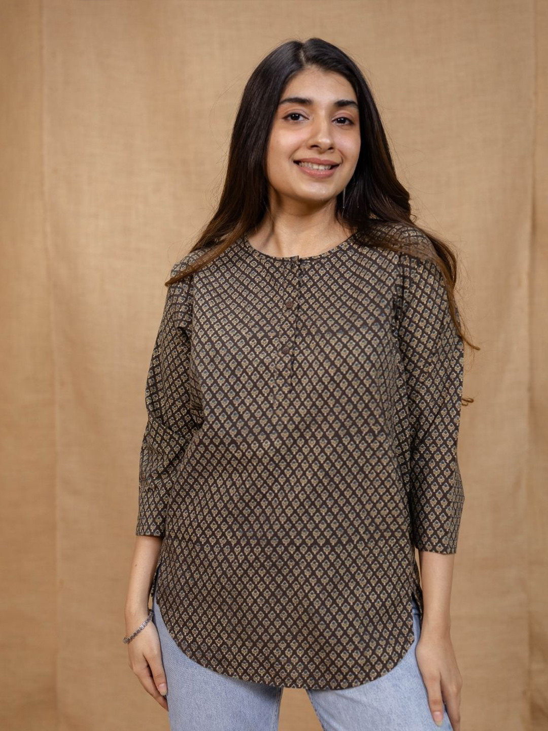 THE INDIAN ETHNIC CO Dark Brown Straight Ajrakh Cotton Top