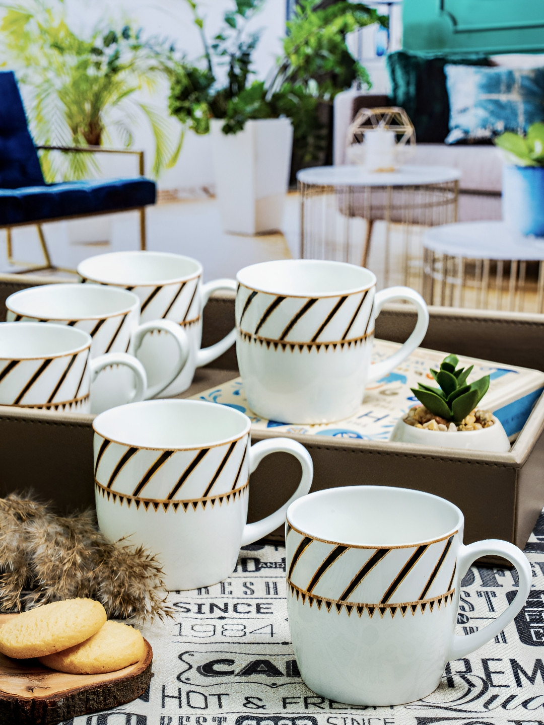 SONAKI Sorry White Striped Bone China Microwave Safe 6 Piece Mugs-180ml