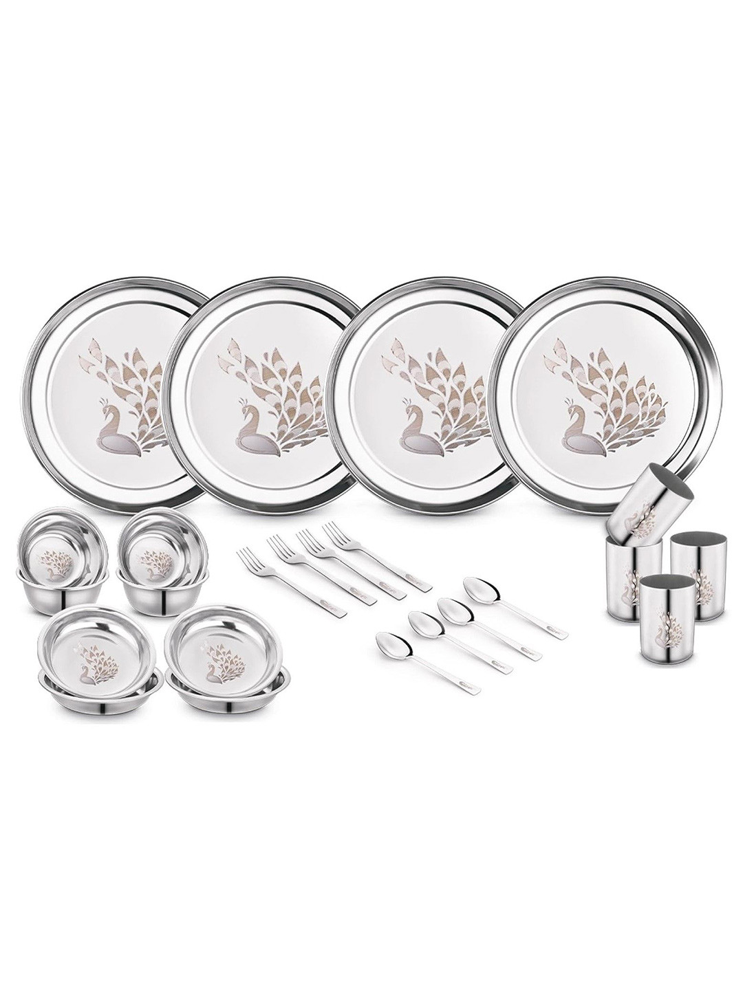 Classic Essentials Peacock Silver Animal Print Stainless Steel Dishwasher Safe 24 Piece Dinner Set