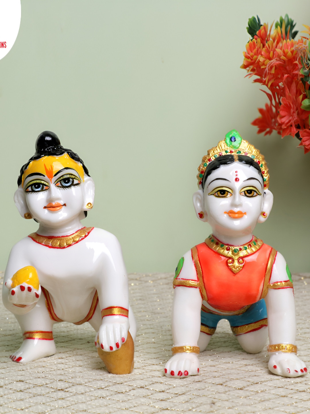 GW CREATIONS Lord Laddu Gopal and Lalli White Marble Natural Living Room Set of 2 Large Showpieces - 3.1 Inches