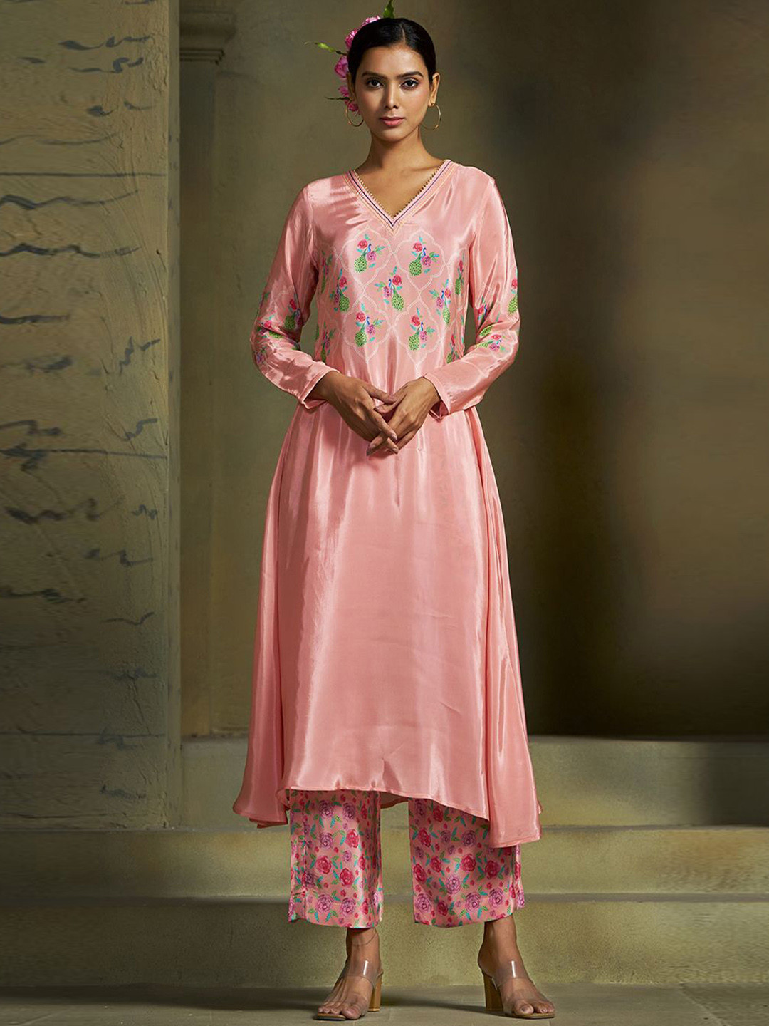 SUKRUTI DESIGN Floral Yoke Design V-Neck Gotta Patti A-Line Kurta With Trouser & Dupatta