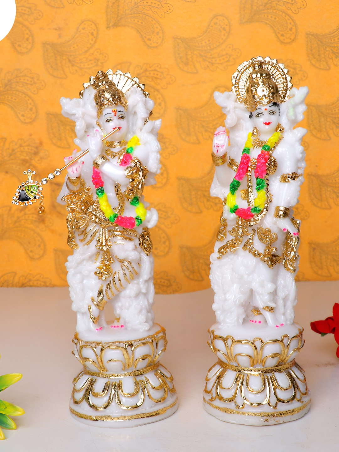 GW CREATIONS Radha Krishna Standing White Marble Natural Prayer Room Set of 2 Large Showpieces - 2.8 Inches