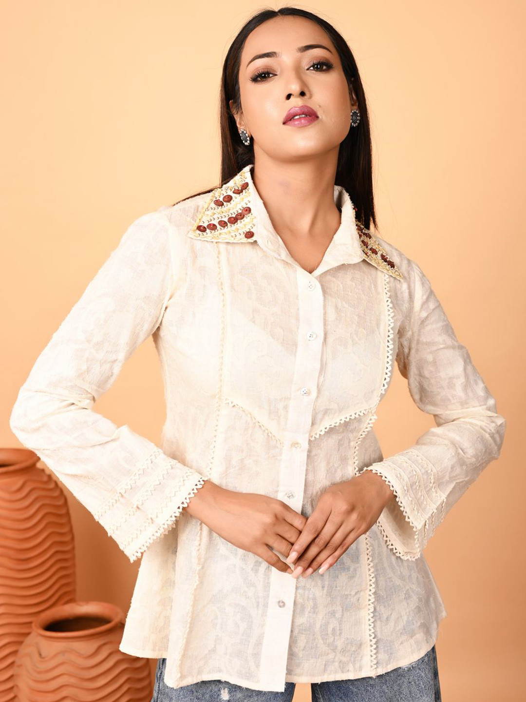 Oskos Women Jacquard Weaved Embroidered Pure Cotton A-Line Top