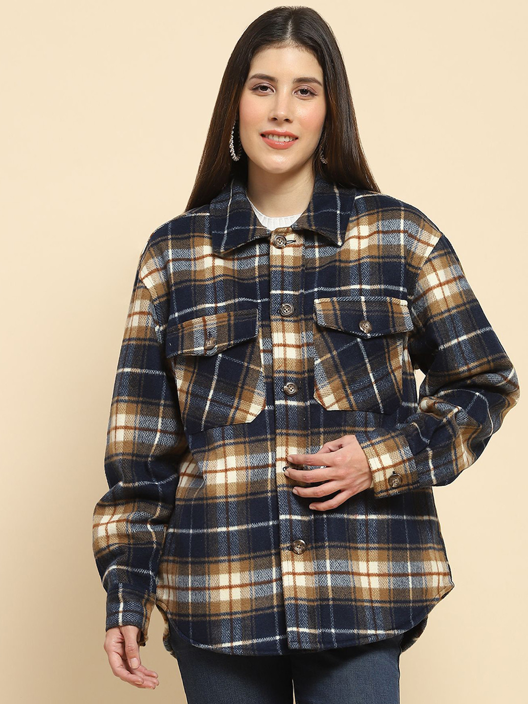 Global Republic Women Spread Collar Checked Casual Oversized Shacket