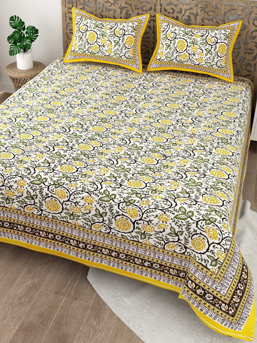 Adwitiya Yellow Floral Cotton 200 TC King Fine Bedsheet with 2 Pillow Covers-241.3 x 274.32 cm