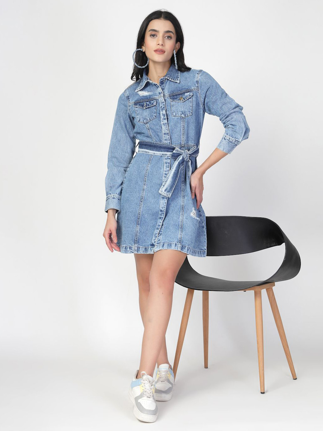 COSMIC TRIO Belted Denim Cotton Shirt Dress