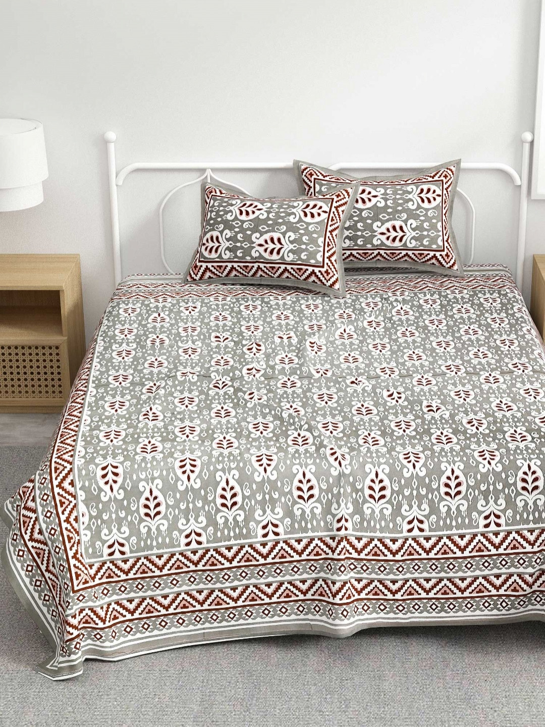 Adwitiya Grey Ethnic Motifs Cotton 300 TC King Fine Bedsheet with 2 Pillow Covers-241.3 x 274.32 cm