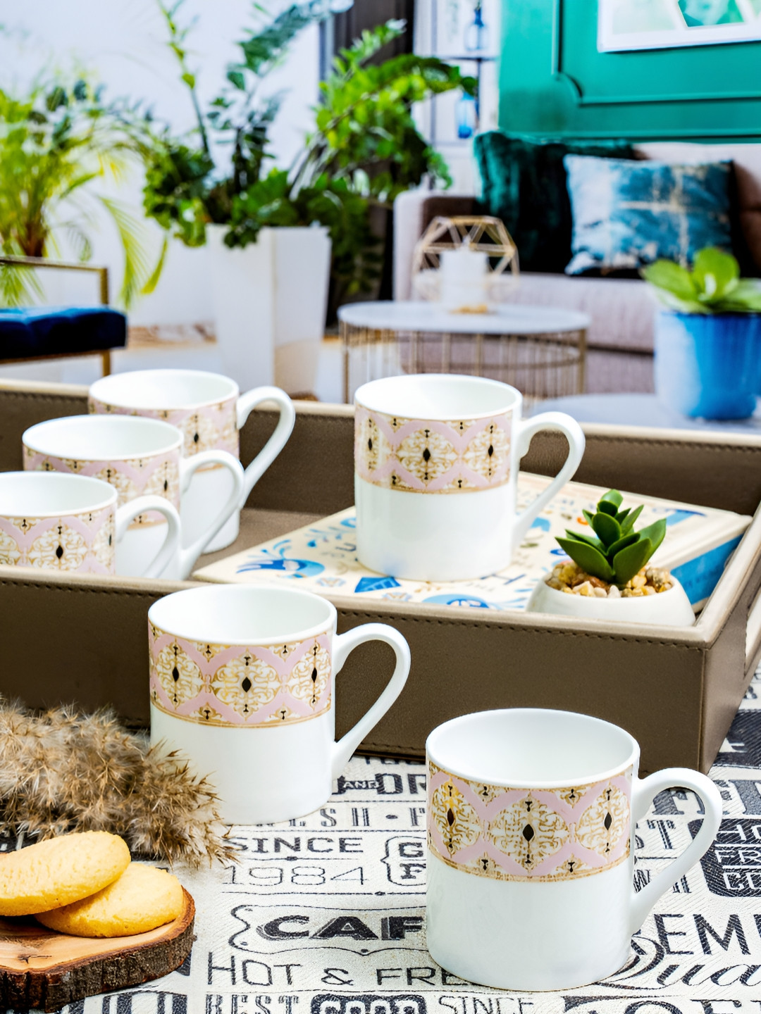 SONAKI Opalware Imperial Ricca White Ethnic Motifs Bone China Handmade 6 Piece Mugs-120ml