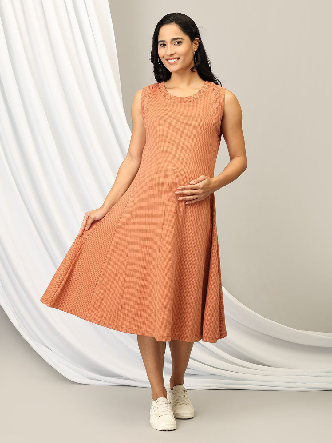 The Mom Store Women Self Design Maternity Sleeveless A-Line Midi Dress