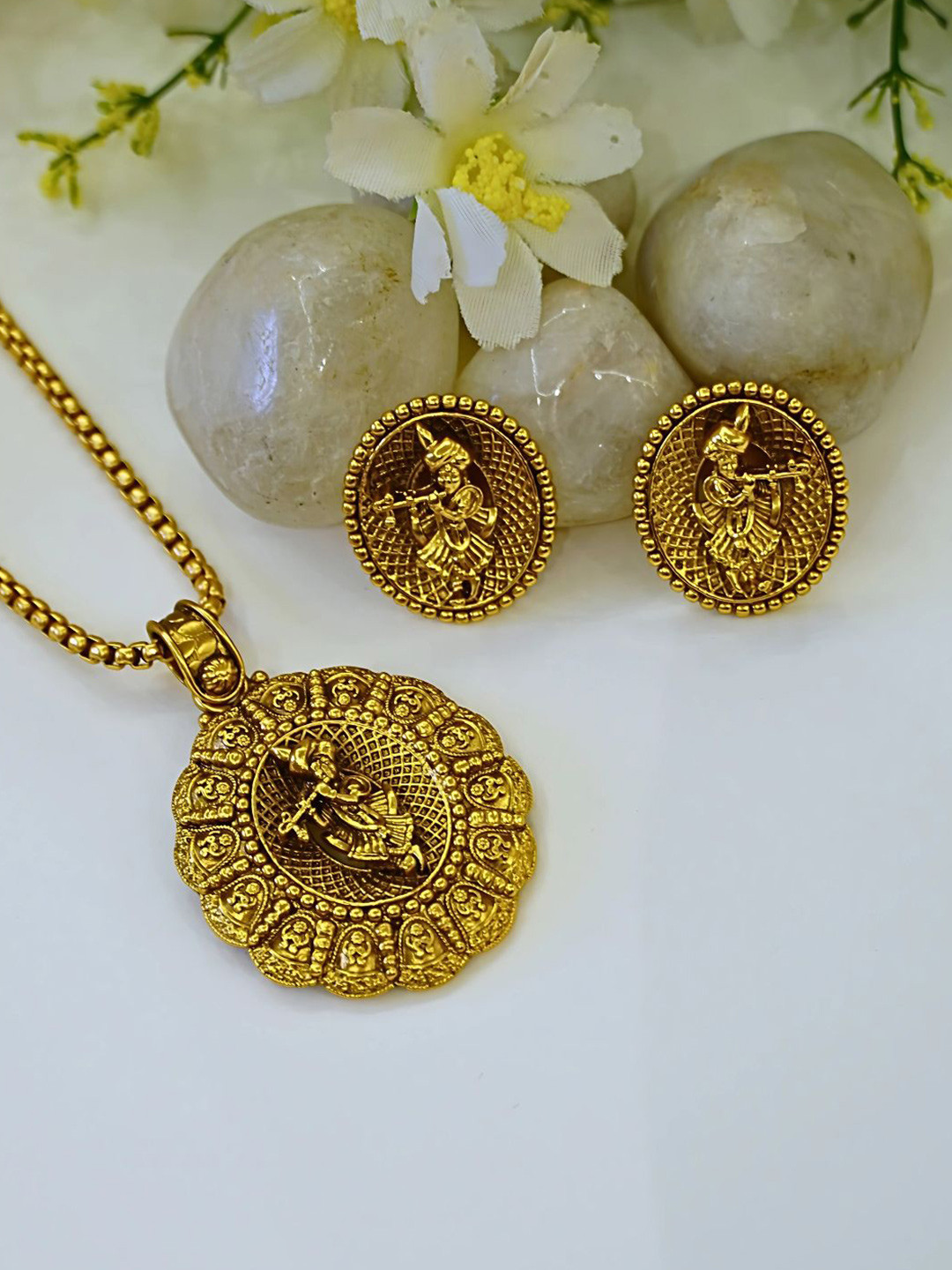 inc63-for elites Gold-Plated Matte Temple Jewellery Set